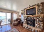 Family Room, fireplace, and view of Bear Lake